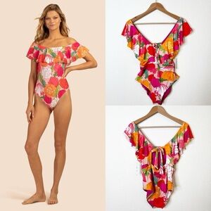 Trina Turk Floral Tie Back Sunny Bloom Ruffle One Piece Swimsuit Size 10 US NWT